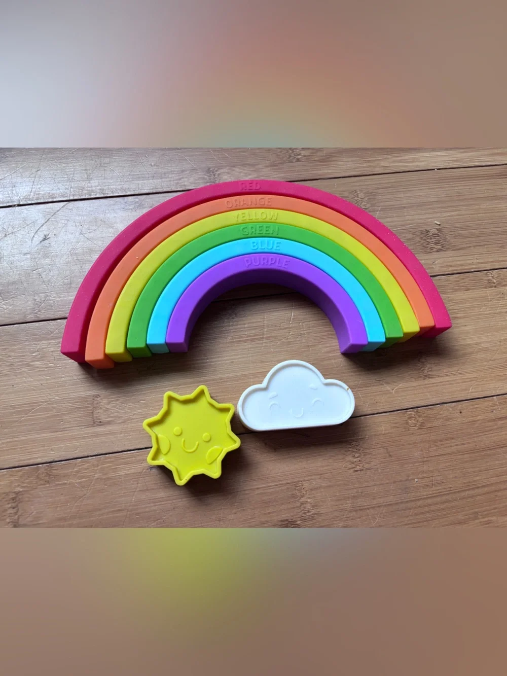 Rainbow Stacking Toy - Colorful Sunset Arch with Sun & Cloud. Silicon feel.